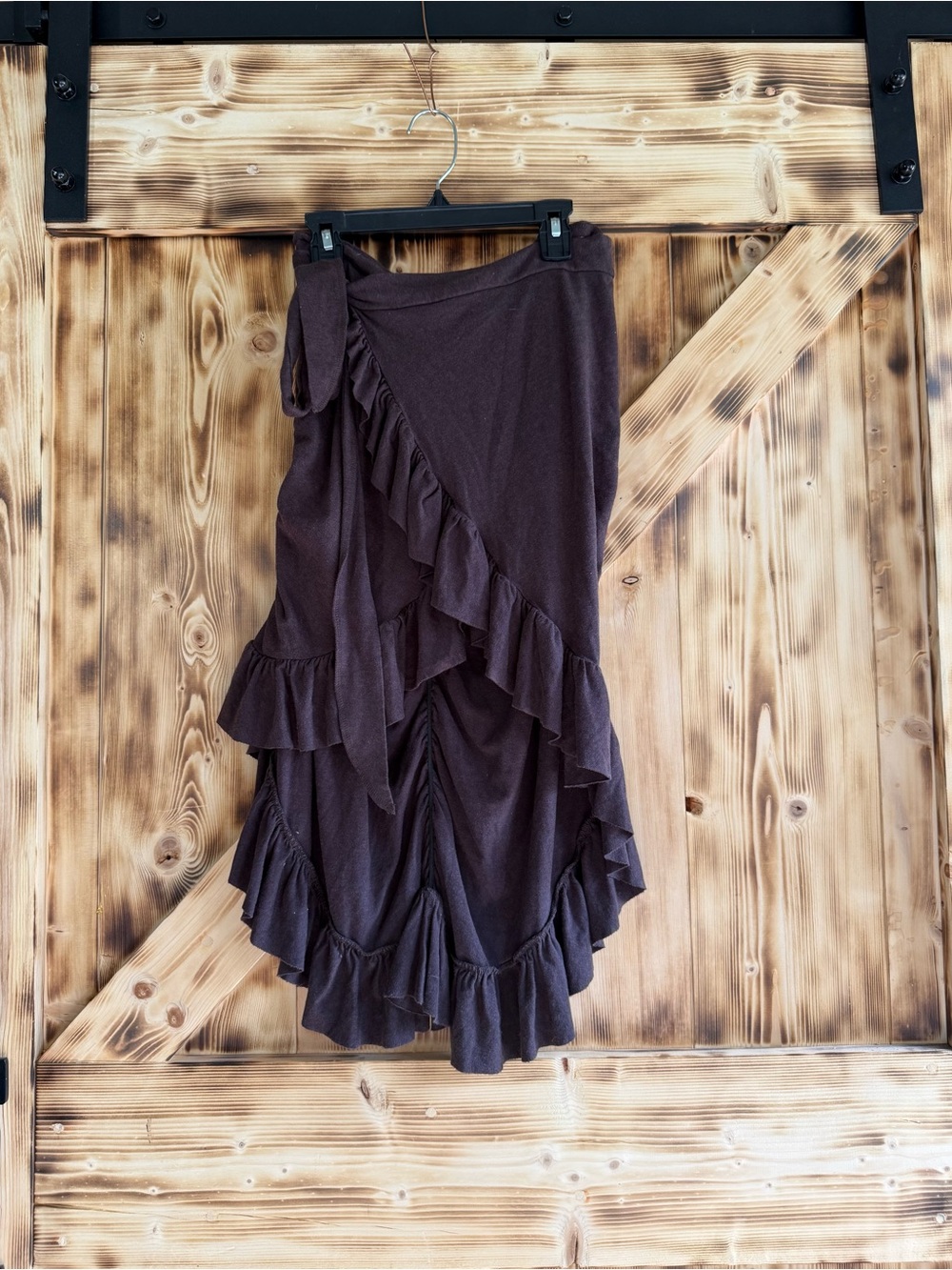 Asymmetrical Ruffle Wrap Skirt in Dark Brown